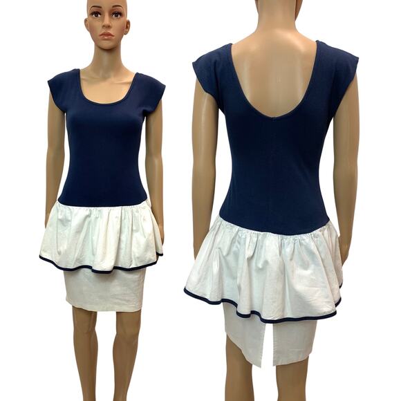 Vintage Dresses & Skirts - 80s T Shirt Pencil Skirt Peplum Dress | Blue and White | Fits XXS/XS
